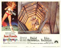 3e193 BARBARELLA LC #8 '68 sexy Jane Fonda & winged John Phillip Law in glass passage, Roger Vadim