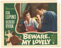 3e210 BEWARE MY LOVELY LC #4 '52 close up of Ida Lupino being grabbed by crazy Robert Ryan!