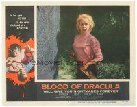 3e226 BLOOD OF DRACULA LC #4 '57 close up of scared pretty Shirley Delancy holding shovel!