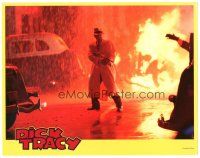 3e356 DICK TRACY LC '90 great image of detective Warren Beatty with tommy gun by fire!