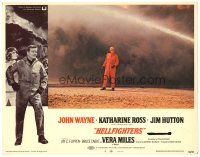 3e484 HELLFIGHTERS LC #8 '69 great far shot of John Wayne as fireman Red Adair by black oil cloud!