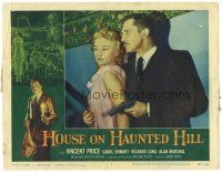 3e499 HOUSE ON HAUNTED HILL LC #1 '59 close up of Vincent Price holding Carol Ohmart & gun!