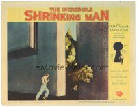 3e515 INCREDIBLE SHRINKING MAN LC #4 '57 great fx image of tiny man shutting door on giant cat!