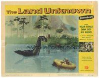 3e552 LAND UNKNOWN LC #2 '57 girl in raft is scared of the giant dinosaur emerging from lake!