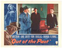 3e683 OUT OF THE PAST LC #1 R53 classic Jacques Tourneur film noir, Robert Mitchum in trenchcoat!