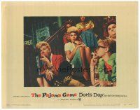 3e686 PAJAMA GAME LC #7 '57 close up of Doris Day eating apple w/ Barbara Nichols & girls on stairs!