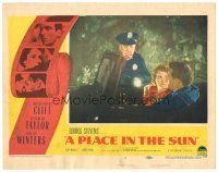 3e708 PLACE IN THE SUN LC #6 '51 cop w/flashlight busts Montgomery Clift & Shelley Winters in car!