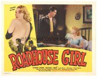 3e758 ROADHOUSE GIRL LC '53 man in leather jacket looks down at bad girl Sandra Dorne in bed!