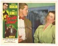 3e771 SCARLET STREET LC #3 R49 Fritz Lang film noir, Dan Duryea blows smoke in Joan Bennett's face
