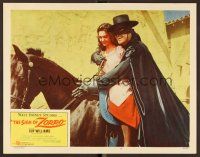 3e803 SIGN OF ZORRO LC #7 '60 Walt Disney, masked hero Guy Williams on horseback with pretty girl!
