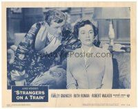 3e853 STRANGERS ON A TRAIN LC #6 R57 Hitchcock, close up of Robert Walker in robe with Ruth Roman!