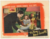 3e919 TWO MRS. CARROLLS LC #6 '47 Barbara Stanwyck looks at Patrick O'Moore leaning over table!