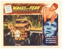 3e947 WAGES OF FEAR LC #7 '55 Henri-Georges Clouzot, Vanel leads explosive truck through oil!