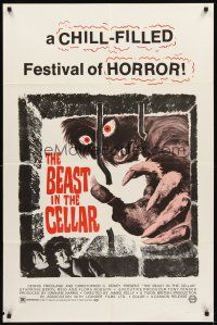3g061 BEAST IN THE CELLAR 1sh '71 wacky monster image, a chill-filled festival of horror!