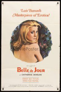 3g068 BELLE DE JOUR 1sh '68 Luis Bunuel, close up of sexy Catherine Deneuve!