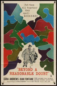 3g073 BEYOND A REASONABLE DOUBT 1sh '56 Fritz Lang noir, Dana Andrews & Joan Fontaine, cool art!