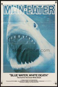 3g105 BLUE WATER, WHITE DEATH 1sh '71 cool super close image of great white shark with open mouth!