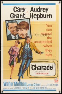 3g148 CHARADE 1sh '63 tough Cary Grant & sexy Audrey Hepburn!
