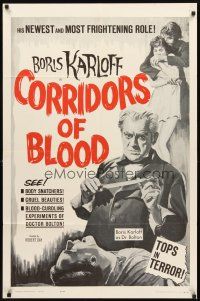 3g170 CORRIDORS OF BLOOD 1sh '63 Boris Karloff, Christopher Lee, blood-curdling experiments!