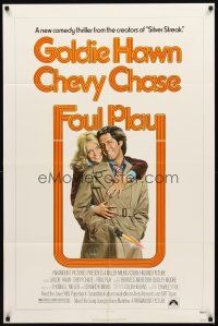 3g251 FOUL PLAY 1sh '78 wacky Lettick art of Goldie Hawn & Chevy Chase, screwball comedy!