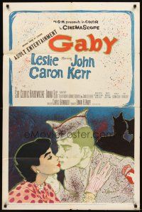 3g268 GABY 1sh '56 wonderful close up art of soldier John Kerr kissing Leslie Caron!