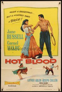 3g338 HOT BLOOD 1sh '56 great artwork image of barechested Cornel Wilde grabbing Jane Russell!