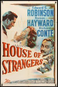3g347 HOUSE OF STRANGERS 1sh '49 art of Edward G. Robinson Richard Conte slapping Susan Hayward!