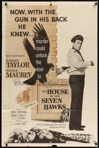 3g348 HOUSE OF THE SEVEN HAWKS 1sh '59 treasure hunter Robert Taylor with gun in his back!