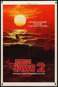 3g391 JAWS 2 style B teaser 1sh '78 classic art of man-eating shark's fin in red water at sunset!