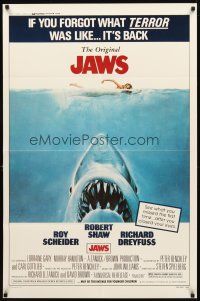 3g388 JAWS 1sh R79 art of Steven Spielberg's classic man-eating shark attacking sexy swimmer!