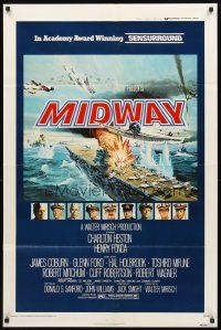 3g522 MIDWAY 1sh '76 Charlton Heston, Henry Fonda, dramatic naval battle art!