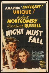 3g562 NIGHT MUST FALL style C 1sh '37 killer Robert Montgomery keeps his victim's head in a hatbox!