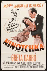 3g577 NINOTCHKA 1sh R62 Greta Garbo laughs with Melvyn Douglas, directed by Ernst Lubitsch!
