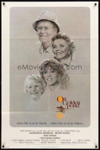 3g596 ON GOLDEN POND 1sh '81 art of Katharine Hepburn, Henry Fonda, and Jane Fonda by C.D. de Mar!