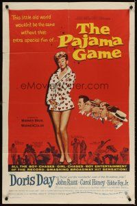 3g612 PAJAMA GAME 1sh '57 sexy full-length image of Doris Day, who chases boys!