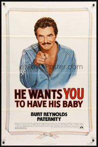 3g620 PATERNITY 1sh '81 great Lettick parody art of Burt Reynolds pointing like Uncle Sam!
