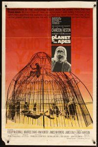 3g633 PLANET OF THE APES 1sh '68 Charlton Heston, classic sci-fi, cool image of caged humans!