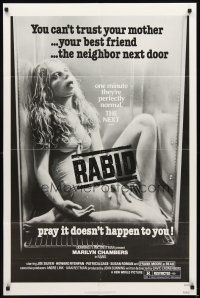 3g669 RABID 1sh '77 Marilyn Chambers, image of dead girl in refrigerator, Cronenberg directed!
