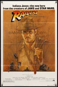 3g674 RAIDERS OF THE LOST ARK 1sh '81 great art of adventurer Harrison Ford by Amsel!