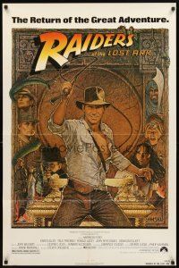 3g675 RAIDERS OF THE LOST ARK 1sh R82 different art of adventurer Harrison Ford by Richard Amsel!