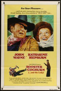 3g726 ROOSTER COGBURN 1sh '75 great art of John Wayne with eyepatch & Katharine Hepburn!