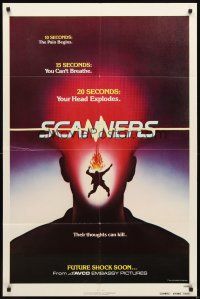 3g748 SCANNERS advance/teaser 1sh '81 David Cronenberg, in 20 seconds your head explodes, sci-fi!