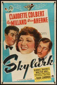 3g786 SKYLARK style A 1sh '41 great art of Claudette Colbert, Ray Milland & Brian Aherne!