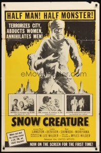 3g795 SNOW CREATURE 1sh '54 abominable Yeti terrorizes city, abducts women & annihilates men!