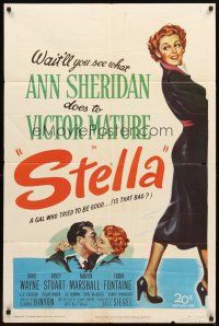 3g829 STELLA 1sh '50 full-length art of sexy Ann Sheridan trying to be good to Victor Mature!