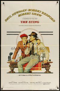 3g830 STING 1sh '74 best artwork of con men Paul Newman & Robert Redford by Richard Amsel!