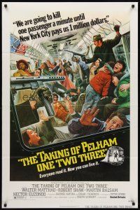 3g856 TAKING OF PELHAM ONE TWO THREE 1sh '74 cool subway train hijack art by Mort Kunstler!