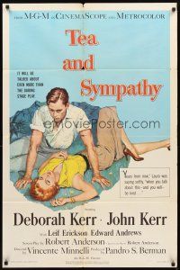3g863 TEA & SYMPATHY 1sh '56 great artwork of Deborah Kerr & John Kerr by Gale, classic tagline!