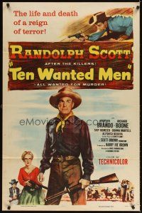 3g870 TEN WANTED MEN 1sh '54 cool cowboy Randolph Scott with rifle, Jocelyn Brando!