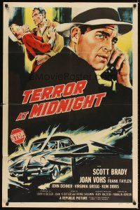 3g876 TERROR AT MIDNIGHT 1sh '56 Scott Brady, Joan Vohs, Frank Faylen, film noir!